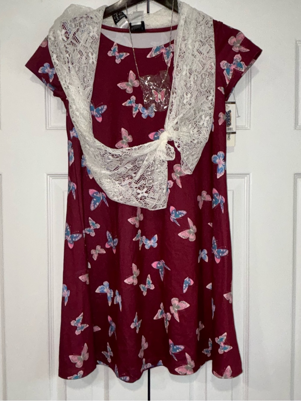 NWT Pink & Violet Girls XL 14-16 Burgundy Butterfly Dress With Scarf & Necklace